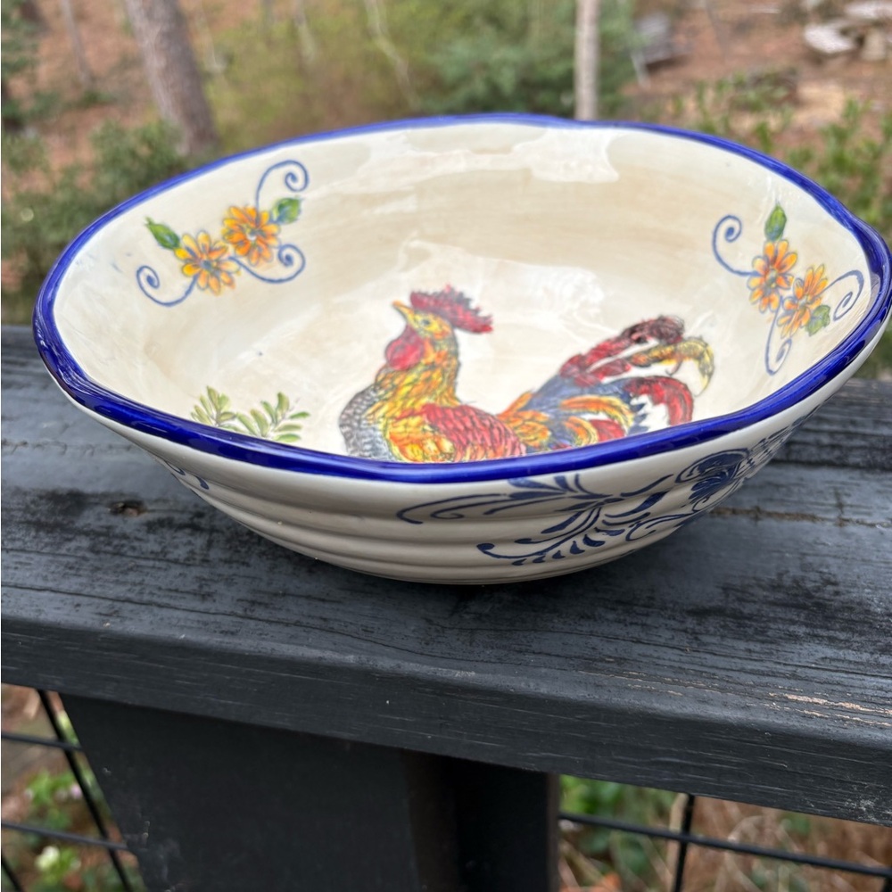 Farmhouse Vintage Vibrant  Porcelain Rooster with Blue ,Red and Yellow Accents